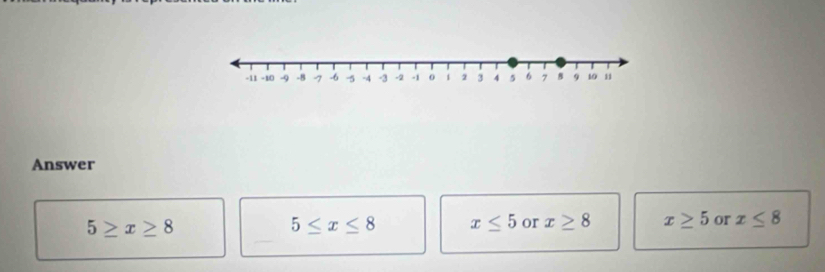 Answer
5≥ x≥ 8
5≤ x≤ 8 x≤ 5 or x≥ 8 x≥ 5 or x≤ 8