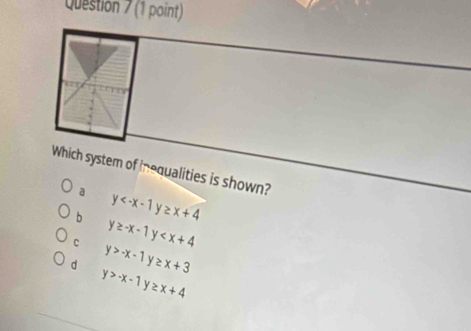 Which system of inequalities is shown?
a
b y
C y≥ -x-1y
d y>-x-1y≥ x+3
y>-x-1y≥ x+4