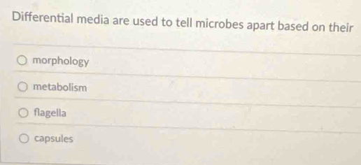 Differential media are used to tell microbes apart based on their
morphology
metabolism
flagella
capsules