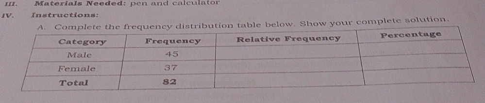 Materials Needed: pen and calculator 
IV. a Instructions: 
ribution table below. Show your complete solution.