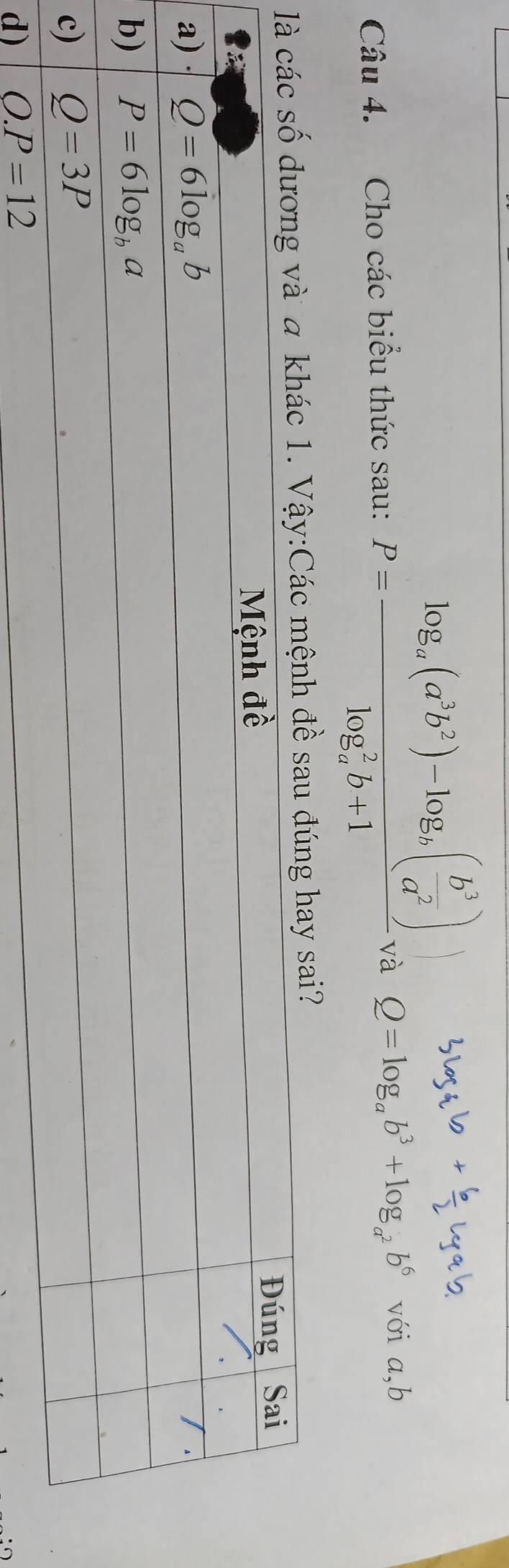 Cho các biểu thức sau: P=frac log _a(a^3b^2)-log _a( b^3/a^2 )(log _a)^2b+1 và Q=log _ab^3+log _a^2b^6 với a,b
c mệnh đề sau đúng hay sai?