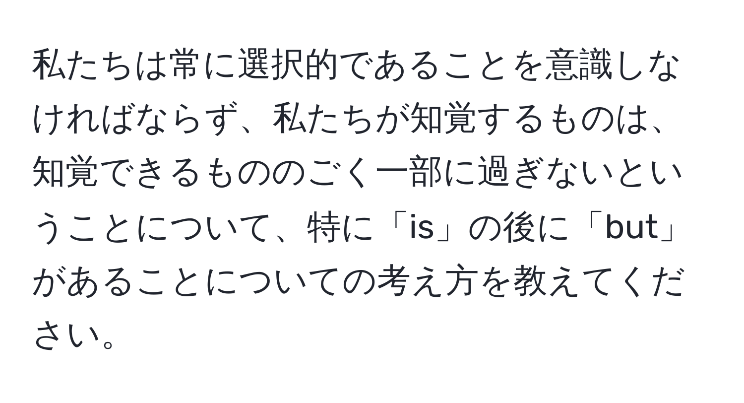 私たちは常に選択的であることを意識しなければならず、私たちが知覚するものは、知覚できるもののごく一部に過ぎないということについて、特に「is」の後に「but」があることについての考え方を教えてください。