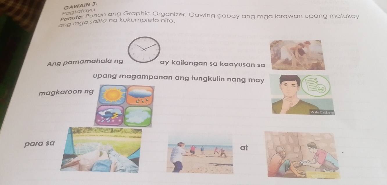 Pagtataya GAWAIN 3: 
Panuto: Punan ang Graphic Organizer. Gawing gabay ang mga larawan upang matukoy 
ang mga salita na kukumpleto nito. 
Ang pamamahala ng 
ay kailangan sa kaayusan sa 
upang magampanan ang tungkulin nang may 
magkaroon ng 
WikiCellory 
para sa 
at