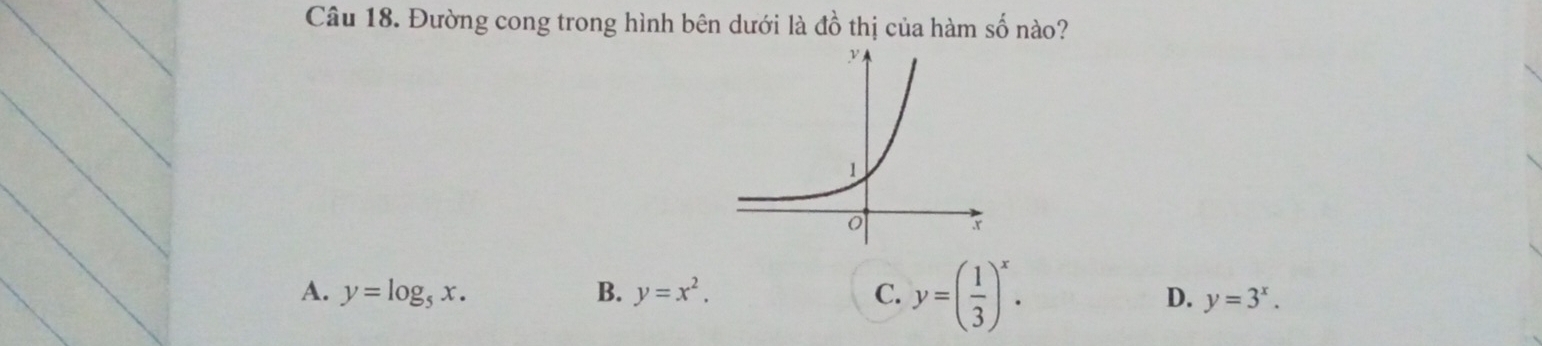 Đường cong trong hình bên dưới là đồ thị của hàm số nào?
A. y=log _5x. B. y=x^2. C. y=( 1/3 )^x.
D. y=3^x.