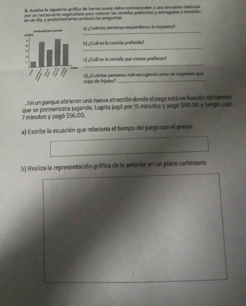 Analiza la siguiente gráfica de barras cuyos datos corresponden a una encuesta realizada 
por un restaurante vegetariano para conocer las comidas preferidas y entregadas a domicilio 
en un día, y posteriormente contesta las preguntas. 
_ 
a) ¿Cuántas personas respondieron la encuesta? 
b) ¿Cuál es la comida preferida? 
_ 
_ 
c) ¿Cuál es la comida que menos prefieren? 
d) ¿Cuántas personas más escogieron arroz de vegetales que 
sopa de frijoles?_ 
. En un parque abrieron una nueva atracción donde el pago está en función del tiempo 
que se permanezca jugando. Lupita jugó por 15 minutos y pagó $90.00 y Sergio jugó
7 minutos y pagó $56.00. 
a) Escribe la ecuación que relaciona el tiempo del juego con el precio. 
b) Realiza la representación gráfica de lo anterior en un plano cartesiano