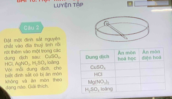 Luyện Tập
Câu 2
Đặt một đinh sắt nguyên
chất vào đĩa thuỷ tinh rồi
rót thêm vào một trong các
dung dịch sau: Cu SO_4,
HCl,AgNO_3,H_2SO_4 loãng.
Với mỗi dung dịch, cho
biết đinh sắt có bị ăn mòn
không và ǎn mòn theo
dạng nào. Giải thích.