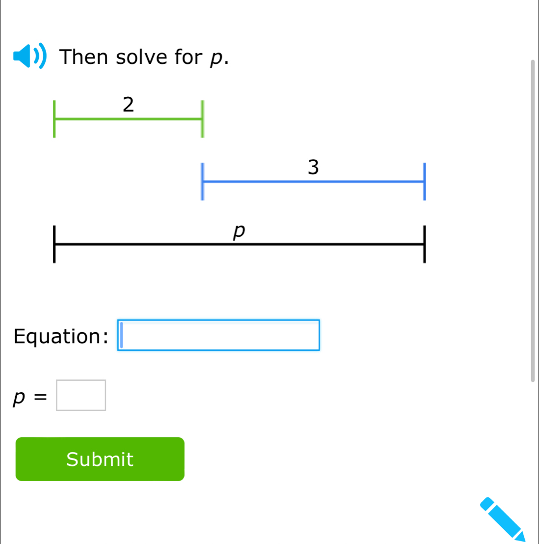 Then solve for p. 
Equation: □
p=□
Submit