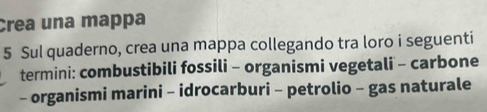 Crea una mappa 
5 Sul quaderno, crea una mappa collegando tra loro i seguenti 
termini: combustibili fossili - organismi vegetali - carbone 
- organismi marini - idrocarburi - petrolio - gas naturale