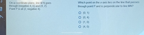 On a coordinate plane, line M N goes Which point on the x-axis lies on the line that passes
through (negativ 4,0) and (4,2). through point P and is perpendicular to line MN?
Point P is at (2, negative 4)
(0,1)
(0,4)
(1,0)
(4,0)