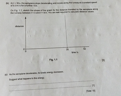 the aeroplane stops decelerating and moves along the runway at a constant speed 
(b) ALf=35s of 6.0 m./s for a further 15s. 
the runway between On Fig. 1.1, sketch the shape of the graph for the distance travelled by the aeroplane along
t=0 and^+=^ You are mot required to calculate distance values. 
distance
0
35 so 
Ở 
time /$ 
Fig. 1.1 [3] 
(c) As the aeroplane decelerates, its kinetic energy decreases. 
_ 
Suggest what happens to this energy. 
_[1] 
[Total: 10]