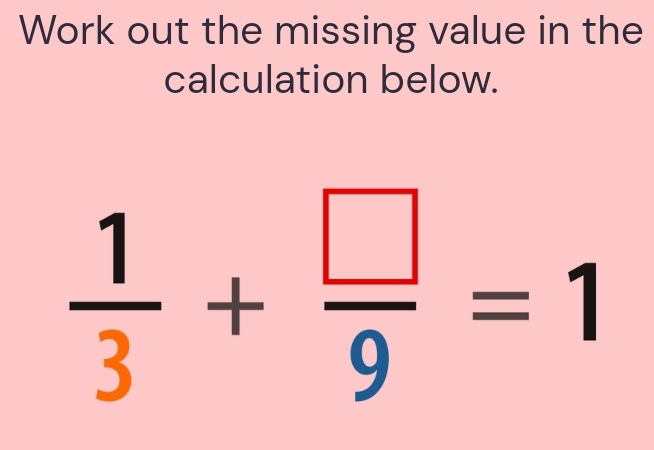 Work out the missing value in the 
calculation below.
 1/3 + □ /9 =1