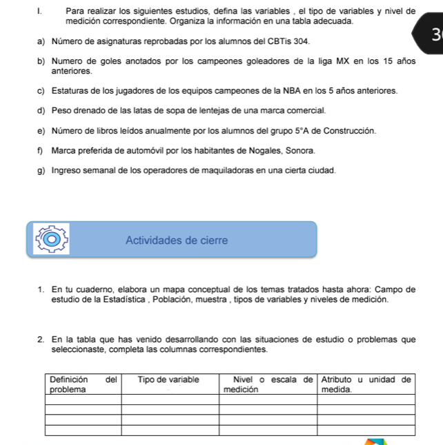 Para realizar los siguientes estudios, defina las variables , el tipo de variables y nivel de 
medición correspondiente. Organiza la información en una tabla adecuada. 
a) Número de asignaturas reprobadas por los alumnos del CBTis 304. 
3 
b) Numero de goles anotados por los campeones goleadores de la liga MX en los 15 años 
anteriores. 
c) Estaturas de los jugadores de los equipos campeones de la NBA en los 5 años anteriores. 
d) Peso drenado de las latas de sopa de lentejas de una marca comercial. 
e) Número de libros leídos anualmente por los alumnos del grupo 5°A de Construcción. 
f) Marca preferida de automóvil por los habitantes de Nogales, Sonora. 
g) Ingreso semanal de los operadores de maquiladoras en una cierta ciudad. 
Actividades de cierre 
1. En tu cuaderno, elabora un mapa conceptual de los temas tratados hasta ahora: Campo de 
estudio de la Estadística , Población, muestra , tipos de variables y niveles de medición. 
2. En la tabla que has venido desarrollando con las situaciones de estudio o problemas que 
seleccionaste, completa las columnas correspondientes.