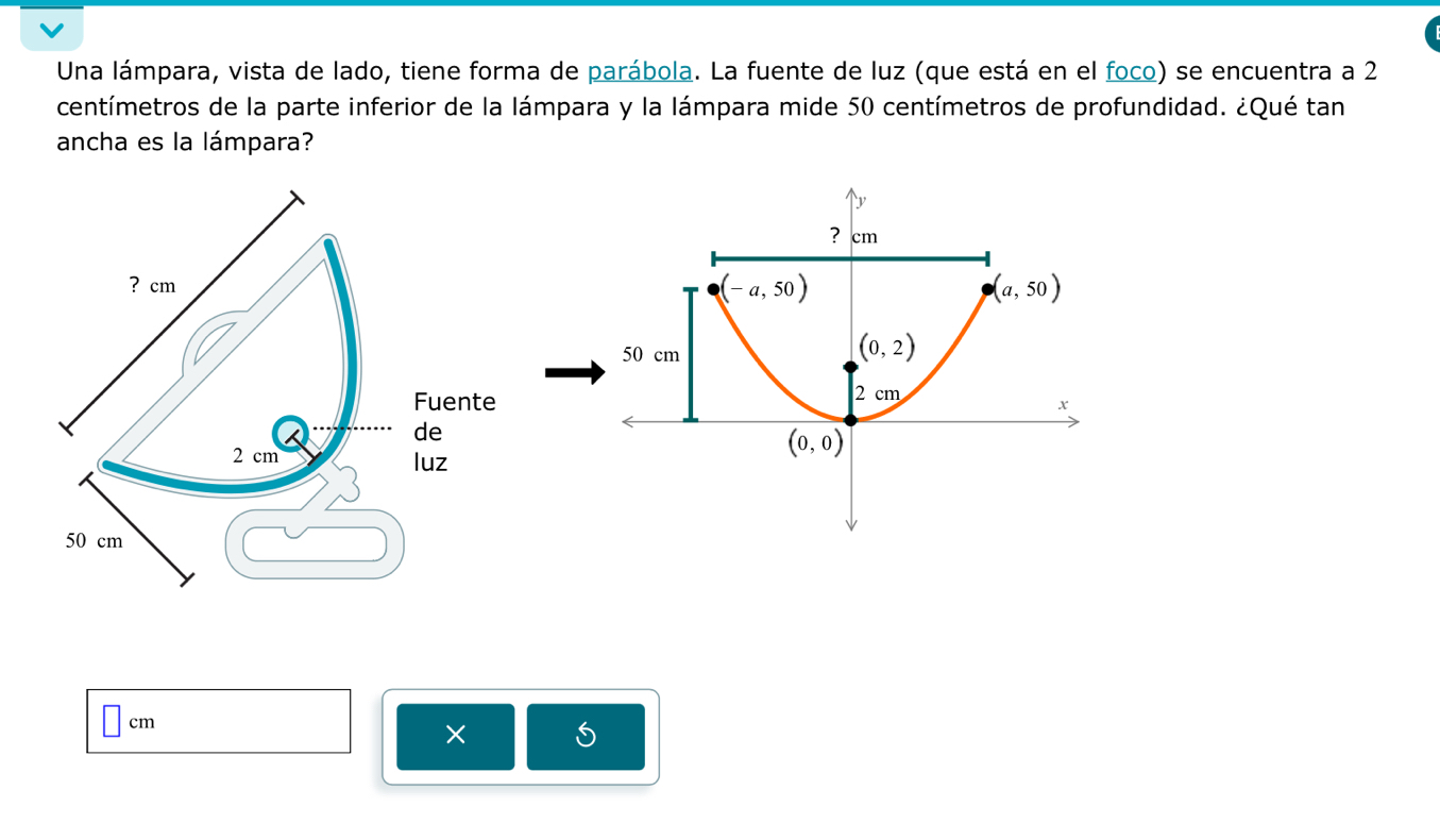 Una lámpara, vista de lado, tiene forma de parábola. La fuente de luz (que está en el foco) se encuentra a 2
centímetros de la parte inferior de la lámpara y la lámpara mide 50 centímetros de profundidad. ¿Qué tan
ancha es la lámpara?
? cm
Fuente
de
2 cm luz
50 cm
cm
×