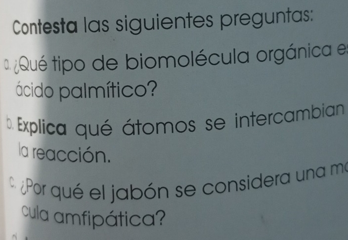 Contesta las siguientes preguntas: 
Qué tipo de biomolécula orgánica e: 
ácido palmítico? 
b. Explica qué átomos se intercambian 
la reacción. 
¿Por qué el jabón se considera una ma 
cula amfipática?