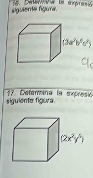 Determina la expresió
siguiente figura,
(3a^2b^5c^2)
17. Determina la expresió
siguiente figura.