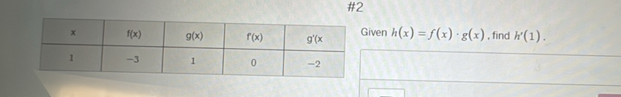 #2
iven h(x)=f(x)· g(x) , find h'(1).