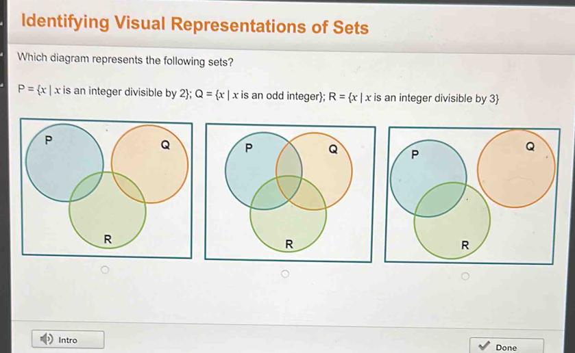 Identifying Visual Representations of Sets Which diagram represents the ...