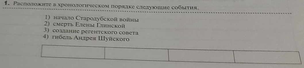 Ρаслоложηте в хронологнческом πорядке следуюошие собыιτηя. 
1) начало Старолубской войны 
2) смерτь Εлены Γлинской 
3) созлание регентского совета 
4) гηбельАнлрея Шуйскoгo