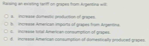 Raising an existing tariff on grapes from Argentina willl:
a. increase domestic production of grapes.
b. increase American imports of grapes from Argertina.
c. increase total American consumption of grapes.
d. increase American consumption of domestically produced grapes.