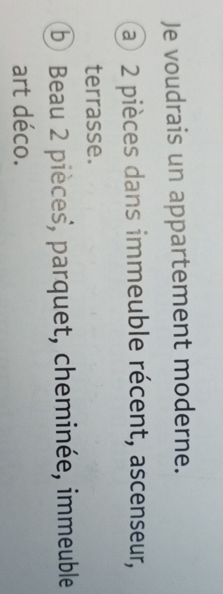 Je voudrais un appartement moderne. 
a 2 pièces dans immeuble récent, ascenseur, 
terrasse. 
b Beau 2 pièces, parquet, cheminée, immeuble 
art déco.