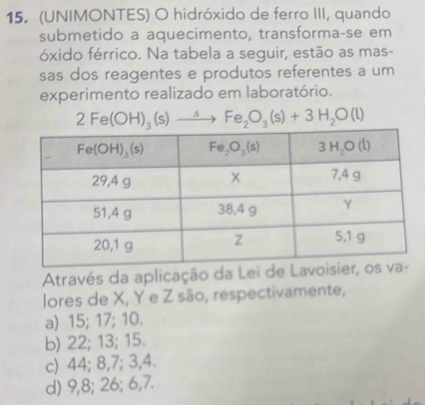 (UNIMONTES) O hidróxido de ferro III, quando
submetido a aquecimento, transforma-se em
óxido férrico. Na tabela a seguir, estão as mas-
sas dos reagentes e produtos referentes a um
experimento realizado em laboratório.
2Fe(OH)_3(s)xrightarrow △ Fe_2O_3(s)+3H_2O(l)
Através da aplicação da Lei de 
lores de X, Y e Z são, respectivamente,
a) 15; 17; 10.
b) 22; 13; 15.
c) 44; 8,7; 3,4.
d) 9,8; 26; 6,7.