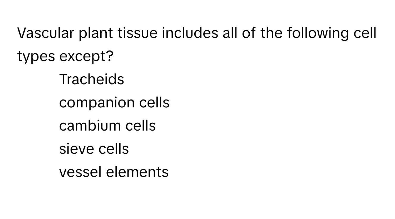 Vascular plant tissue includes all of the following cell types except?

1) Tracheids 
2) companion cells 
3) cambium cells 
4) sieve cells 
5) vessel elements