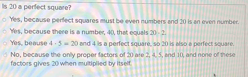 Solved: Is 20 a perfect square? Yes, because perfect squares must be ...