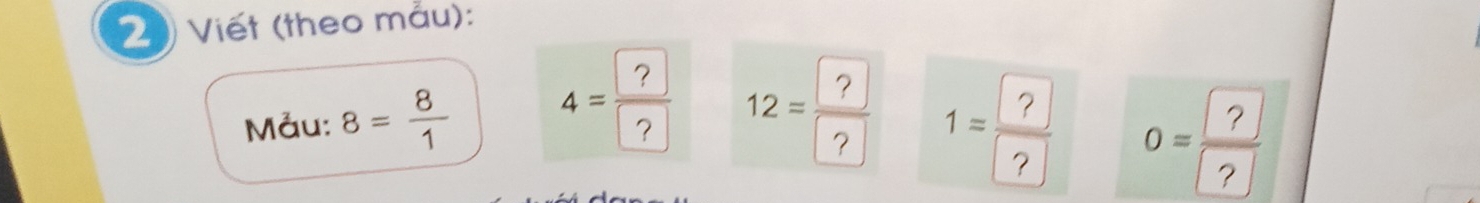 Viết (theo mẫu): 
Mảu: 8= 8/1  4= ?/?  12= ?/? 
1= ?/?  0= ?/? 