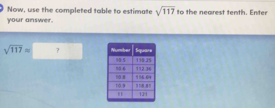 Now, use the completed table to estimate sqrt(117) to the nearest tenth. Enter 
your answer.
sqrt(117)approx ？