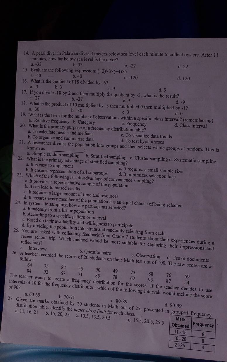 A pearl diver in Palawan dives 3 meters below sea level each minute to collect oysters. After 11
minutes, how far below sea level is the diver?
a. -33 b. 33 c. -22 d. 22
15. Evaluate the following expression: (-2)* 3* (-4)* 5
a. -40 b, 40 c. -120 d. 120
16. What is the quotient of 18 divided by -6?
a. -3 b. 3 d. 9
c. -9
17. If you divide -18 by 2 and then multiply the quotient by -3, what is the result?
a. 27 b. -27 c. 9 d. -9
18. What is the product of 10 multiplied by -3 then multiplied 0 then multiplied by -1?
a. 30 b. -30 c. 3
d.  0
19. What is the term for the number of observations within a specific class interval? (remembering)
a. Relative frequency b. Category c. Frequency d. Class interval
20. What is the primary purpose of a frequency distribution table?
a. To calculate means and medians c. To visualize data trends
b. To organize and summarize data d. To test hyphotheses
21. A researcher divides the population into groups and then selects whole groups at random. This is
known as :
a. Simple random sampling b. Stratified sampling c. Cluster sampling d. Systematic sampling
22. What is the primary advantage of stratified sampling?
a. It is easy to implement c. It requires a small sample size
b. It ensures representation of all subgroups d. It minimizes selection bias
23. Which of the following is a disadvantage of convenience sampling?
a. It provides a representative sample of the population
b. It can lead to biased results
c. It requires a large amount of time and resources
d. It ensures every member of the population has an equal chance of being selected
24. In systematic sampling, how are participants selected?
a. Randomly from a list or population
b. According to a specific pattern or interval
c. Based on their availability and willingness to participate
d. By dividing the population into strata and randomly selecting from each
25. You are tasked with collecting feedback from Grade 7 students about their experiences during a
reflections?
recent school trip. Which method would be most suitable for capturing their impressions and
a. Interview b. Questionnaire c. Observation d. Use of documents
follows:
26. A teacher recorded the scores of 20 students on their Math test out of 100. The raw scores are as
64 75 82 55 90 49 73 88 76 59
84 92 67 71 85 78 62 93 87
54
The teacher wants to create a frequency distribution for the scores. If the teacher decides to use
of 90?
intervals of 10 for the frequency distribution, which of the following intervals would include the score
a. 60-69 b. 70-71 c. 80-89 d. 90-99
27. Given are marks obtained by 20 students in Math out of 25, presented in grouped
distribution table. Identify the upper class limit for each class. 
a. 11, 16, 21 b. 15, 20, 25 c. 10.5, 15.5, 20.5 d. 15.5, 20.5, 25.5
