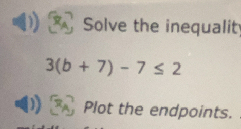 Solve the inequalit
3(b+7)-7≤ 2
a . Plot the endpoints.