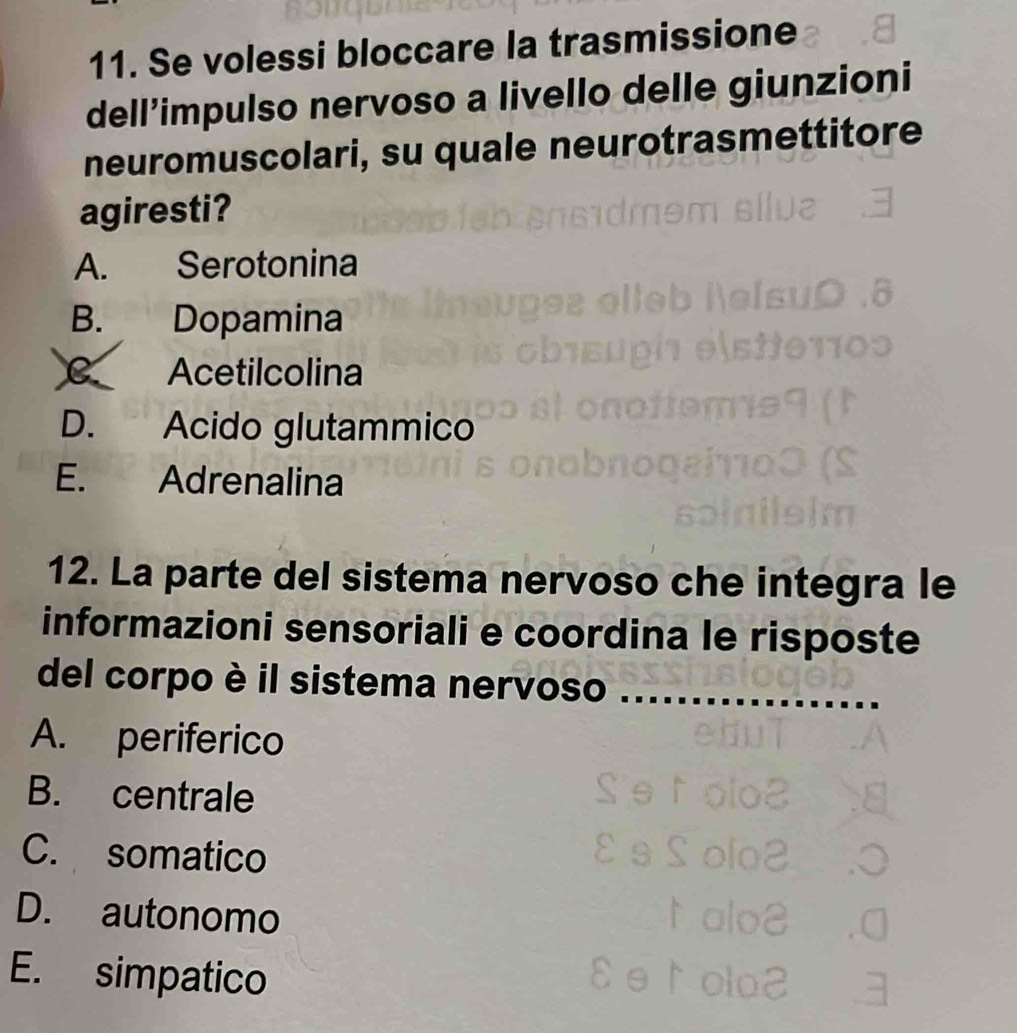 Se volessi bloccare la trasmissione
dell’impulso nervoso a livello delle giunzioni
neuromuscolari, su quale neurotrasmettitore
agiresti?
A. Serotonina
B. Dopamina
C Acetilcolina
D. Acido glutammico
E. Adrenalina
12. La parte del sistema nervoso che integra le
informazioni sensoriali e coordina le risposte
del corpo è il sistema nervoso _
A. periferico
B. centrale
C. somatico
D. autonomo
E. simpatico