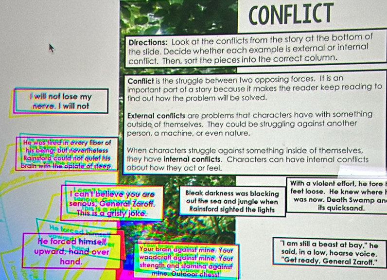 CONFLICT 
Directions: Look at the conflicts from the story at the bottom of 
the slide. Decide whether each example is external or internal 
conflict. Then, sort the pieces into the correct column. 
Conflict is the struggle between two opposing forces. It is an 
important part of a story because it makes the reader keep reading to 
I will not lose my find out how the problem will be solved. 
nerve. I will not 
External conflicts are problems that characters have with something 
outside of themselves. They could be struggling against another 
person, a machine, or even nature. 
He was tired in every fiber of 
his being. but nevertheless When characters struggle against something inside of themselves, 
Rainsford could not quiet his they have internal conflicts. Characters can have internal conflicts 
brain with the opiate of sleep. about how they act or feel. 
With a violent effort, he tore 
I can't believe you are Bleak darkness was blacking feet loose. He knew where I 
serious. General Zaroff. out the sea and jungle when was now. Death Swamp an 
This is a grisly joke. Rainsford sighted the lights its quicksand. 
He for 
He forced himself 
"I am still a beast at bay," he 
upward, hand over Your brain against mine. Your said, in a low, hoarse voice. 
woodcraft against mine. Your "Get ready, General Zaroff." 
hand. strength and stamina against 
miner Quidoor chess!