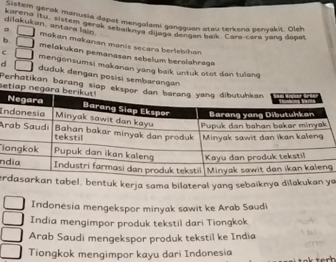 Sistem gerak manusia dapat mengalami gangguan atau terkena penyakit. Oleh
dilakukan, antara lain.
karena itu, sistem gerak sebaiknya dijaga dengan baik Cara-cara yang dapat
a makan makanan manis secara berlebihan
b melakukan pemanasan sebelum berolahraga
C mengonsumsi makanan yang baik untuk otot dan tulang
d duduk dengan posisi sembarangan
s Perhatikan barang s
I
A
l
n
e tabel, bentuk kerja sama bilateral yang sebaiknya dilakukan ya
Indonėsia mengekspor minyak sawit ke Arab Saudi
India mengimpor produk tekstil dari Tiongkok
Arab Saudi mengekspor produk tekstil ke India
Tiongkok mengimpor kayu dari Indonesia