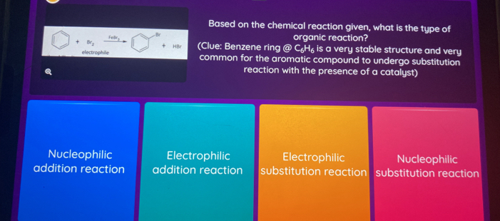 Based on the chemical reaction given, what is the type of
Feßr,
Br organic reaction?
+ 8r_2 + HBr (Clue: Benzene ring  enclosecircle2C_6H_6 is a very stable structure and very
electrophile common for the aromatic compound to undergo substitution
reaction with the presence of a catalyst)
Nucleophilic Electrophilic Electrophilic Nucleophilic
addition reaction addition reaction substitution reaction substitution reaction