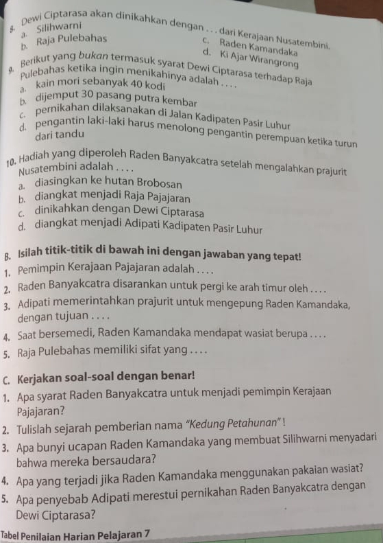 a. Silihwarni
& Dewi Ciptarasa akan dinikahkan dengan . . . dari Kerajaan Nusatembini.
b. Raja Pulebahas
c. Raden Kamandaka
d. Ki Ajar Wirangrong
9. Berikut yang bukɑn termasuk syarat Dewi Ciptarasa terhadap Raja
Pulebahas ketika ingin menikahinya adalah . . . .
a. kain mori sebanyak 40 kod
b. dijemput 30 pasang putra kembar
c pernikahan dilaksanakan di Jalan Kadipaten Pasir Luhur
d. pengantin laki-laki harus menolong pengantin perempuan ketika turun
dari tandu
10, Hadiah yang diperoleh Raden Banyakcatra setelah mengalahkan prajurit
Nusatembini adalah . . . .
ar diasingkan ke hutan Brobosan
b. diangkat menjadi Raja Pajajaran
do dinikahkan dengan Dewi Ciptarasa
d. diangkat menjadi Adipati Kadipaten Pasir Luhur
B. Isilah titik-titik di bawah ini dengan jawaban yang tepat!
1. Pemimpin Kerajaan Pajajaran adalah . . . .
2. Raden Banyakcatra disarankan untuk pergi ke arah timur oleh . . . .
3. Adipati memerintahkan prajurit untuk mengepung Raden Kamandaka,
dengan tujuan . . . .
4. Saat bersemedi, Raden Kamandaka mendapat wasiat berupa . . . .
5. Raja Pulebahas memiliki sifat yang . . . .
C. Kerjakan soal-soal dengan benar!
1. Apa syarat Raden Banyakcatra untuk menjadi pemimpin Kerajaan
Pajajaran?
2. Tulislah sejarah pemberian nama “Kedung Petahunan” !
3. Apa bunyi ucapan Raden Kamandaka yang membuat Silihwarni menyadari
bahwa mereka bersaudara?
4. Apa yang terjadi jika Raden Kamandaka menggunakan pakaian wasiat?
5. Apa penyebab Adipati merestui pernikahan Raden Banyakcatra dengan
Dewi Ciptarasa?
Tabel Penilaian Harian Pelajaran 7