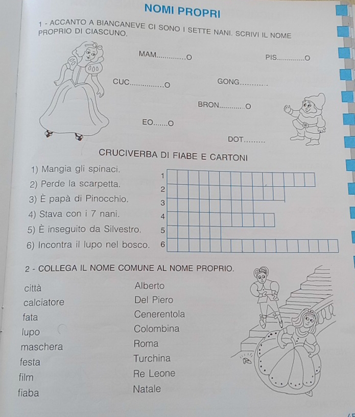 NOMI PROPRI 
ACCANTO A BIANCANEVE CI SONO I SETTE NANI. SCRIVI IL NOME 
PROPRIO DI CIASCUNO. 
MAM_ PIS_ 
no 
_ 
CUC GONG_ 
BRON._ 
EO._ .O 
DOT_ 
CRUCIVERBA DI FIABE E CARTONI 
1) Mangia gli spinaci. 
2) Perde la scarpetta. 
3) È papà di Pinocchio. 
4) Stava con i 7 nani. 
5) É inseguito da Silvestro. 
6) Incontra il lupo nel bosco 
2 - COLLEGA IL NOME COMUNE AL NOME PROPR 
città Alberto 
calciatore Del Piero 
fata Cenerentola 
lupo Colombina 
maschera Roma 
festa Turchina 
film Re Leone 
fiaba Natale