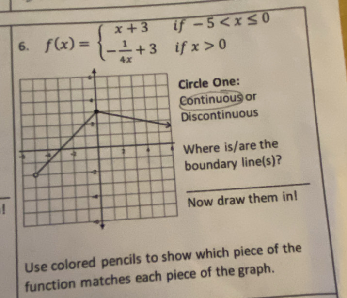 f(x)=beginarrayl x+3if-5 0endarray. | 
ircle One: 
ontinuous or 
iscontinuous 
Where is/are the 
boundary line(s)? 
_ 
Now draw them in! 
Use colored pencils to show which piece of the 
function matches each piece of the graph.