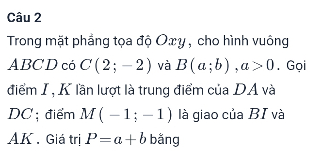 Trong mặt phẳng tọa độ Oxy , cho hình vuông
ABCD có C(2;-2) và B(a;b), a>0. Gọi 
điểm I, K lần lượt là trung điểm của DA và
DC; điểm M(-1;-1) là giao của BI và
AK. Giá trị P=a+b bằng