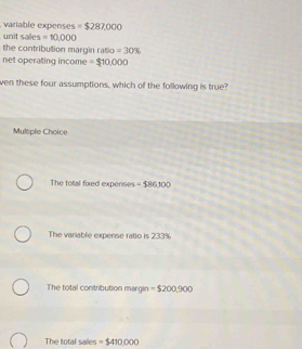 variable expenses =$287,000
unit : 52 =10,000
the contribution margin ratio =30%
net operating income =$10,000
ven these four assumptions, which of the following is true?
Multiple Choice
The total fixed expenses -586,100
The variable expense ratio is 233%
The total contribution margin =$200,900
The total sales =$410,000