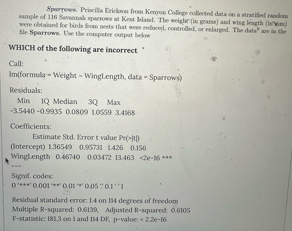 Sparçows. Priscilla Erickson from Kenyon College collected data on a stratified random 
sample of 116 Savannah sparrows at Kent Island. The weight (in grams) and wing length (in mm) 
were obtained for birds from nests that were reduced, controlled, or enlarged. The data^9 are in the 
file Sparrows. Use the computer output below 
WHICH of the following are incorrect 
Call: 
lm(formula = Weight ~ WingLength, data = Sparrows) 
Residuals: 
Min 1Q Median 3Q Max
-3.5440 - 0.9935 0.0809 1.0559 3.4168
Coefficients: 
Estimate Std. Error t value Pr(>|t|)
(Intercept) 1.36549 0.95731 1.426 0.156
WingLength 0.46740 0.0347213.463<2e-16^(***)
Signif. codes:
0^((xxx,)0.001^((xx,)0.01^((x,)0.05^(())0.1^(())1
Residual standard error: 1.4 on 114 degrees of freedom 
Multiple R-squared: 0.6139, Adjusted R-squared: 0.6105
F-statistic: 181.3 on 1 and 114 DF, p -value: <2.2e-16