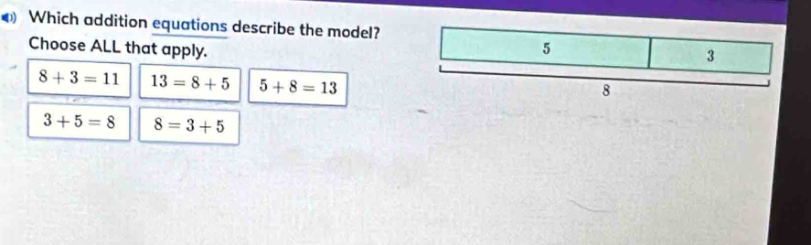 Which addition equations describe the model?
Choose ALL that apply.
8+3=11 13=8+5 5+8=13
3+5=8 8=3+5