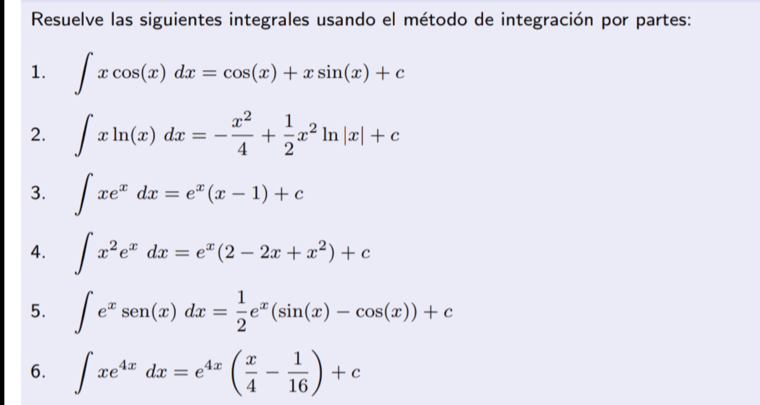 Resuelve las siguientes integrales usando el método de integración por partes: 
1. ∈t xcos (x)dx=cos (x)+xsin (x)+c
2. ∈t xln (x)dx=- x^2/4 + 1/2 x^2ln |x|+c
3. ∈t xe^xdx=e^x(x-1)+c
4. ∈t x^2e^xdx=e^x(2-2x+x^2)+c
5. ∈t e^xsen (x)dx= 1/2 e^x(sin (x)-cos (x))+c
6. ∈t xe^(4x)dx=e^(4x)( x/4 - 1/16 )+c