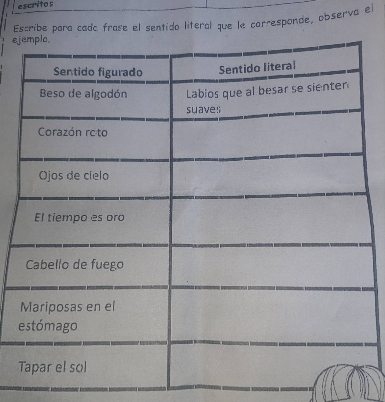 escritos 
Escribe para cada frase el sentido literal que le corresponde, observa el 
ej