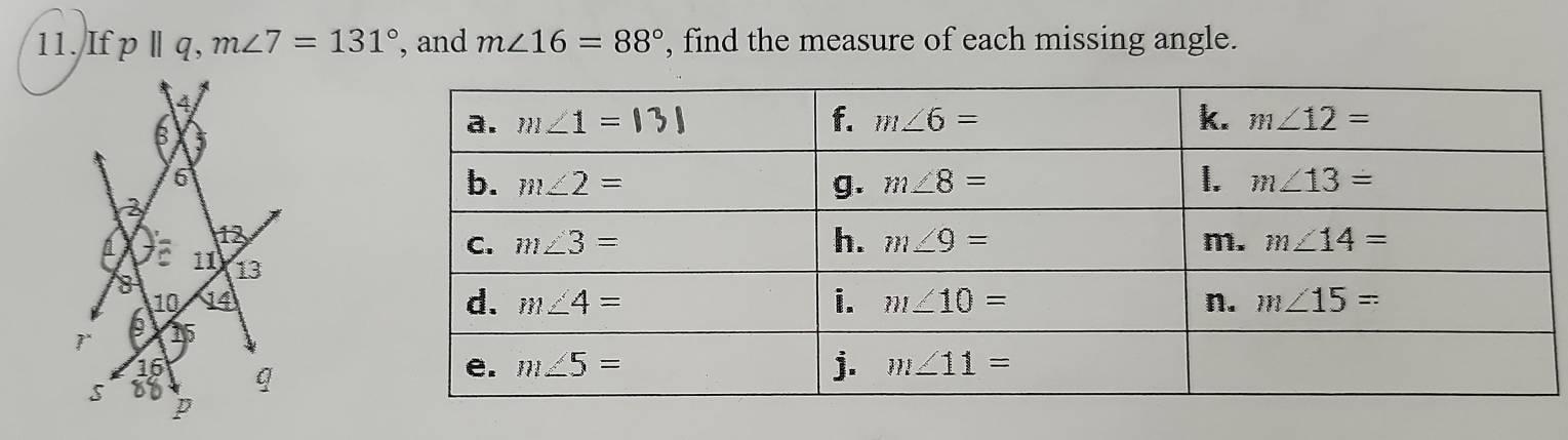 If pparallel q,m∠ 7=131° , and m∠ 16=88° , find the measure of each missing angle.