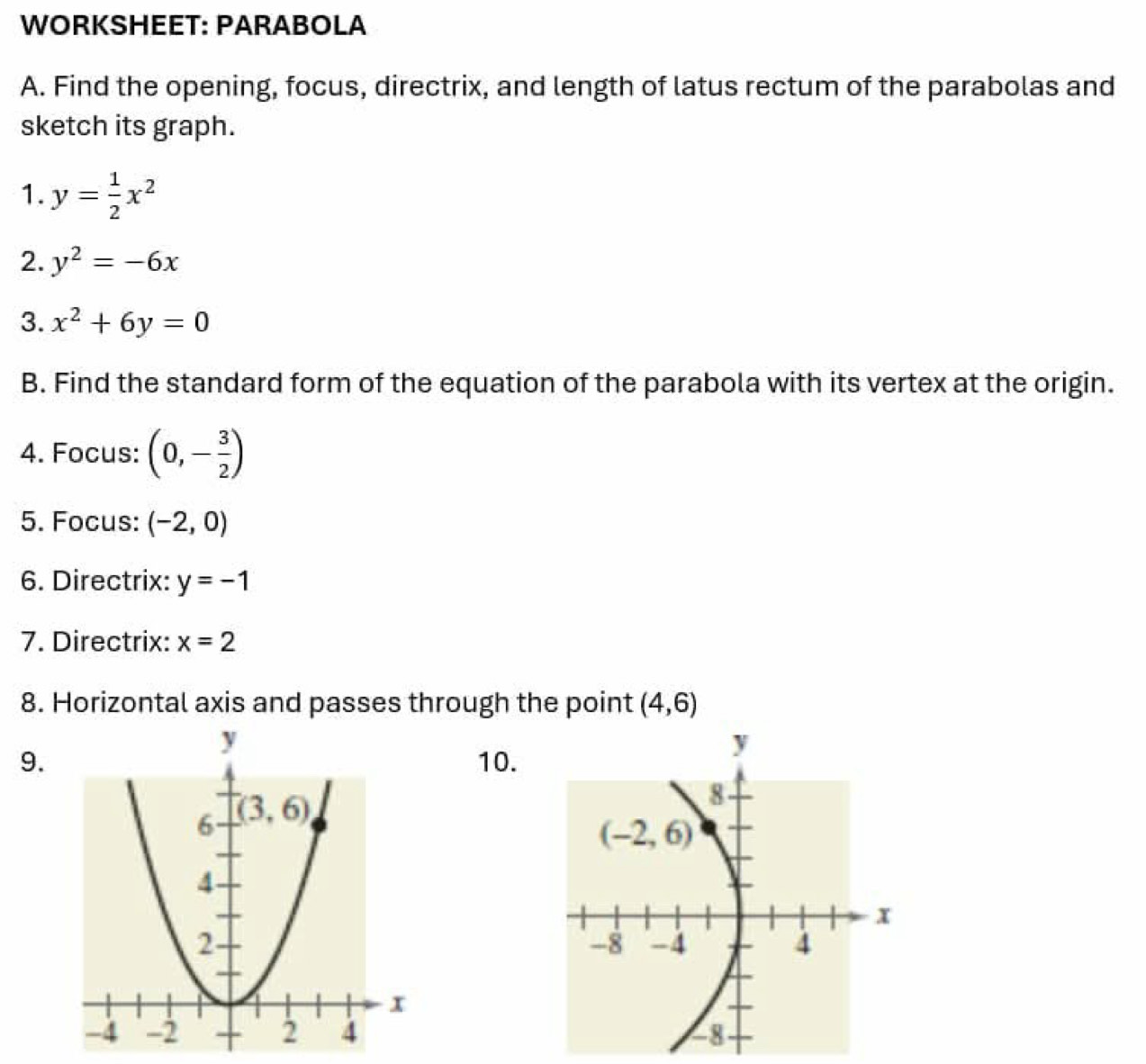 Solved: WORKSHEET: PARABOLA A. Find the opening, focus, directrix, and ...
