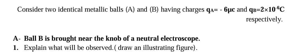 Consider two identical metallic balls (A) and (B) having charges q_A=-6mu c and q_B=2* 10^(-6)C
respectively. 
A- Ball B is brought near the knob of a neutral electroscope. 
1. Explain what will be observed.( draw an illustrating figure).