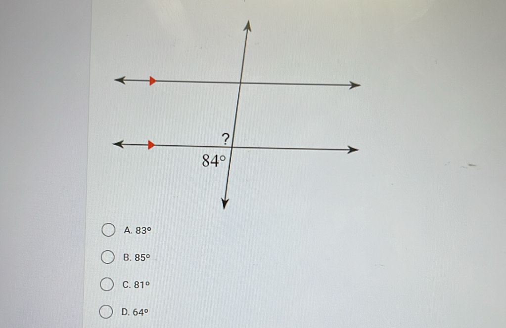 A. 83°
B. 85°
C. 81°
D. 64°