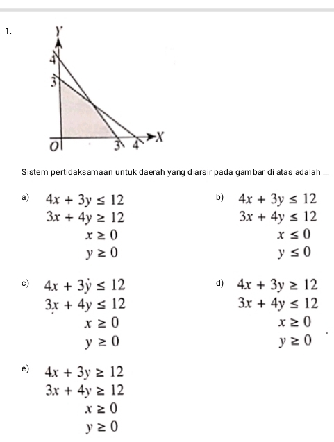 Sistem pertidaksamaan untuk daerah yang diarsir pada gambar di atas adalah ...
b)
a) 4x+3y≤ 12 4x+3y≤ 12
3x+4y≥ 12
3x+4y≤ 12
x≥ 0
x≤ 0
y≥ 0
y≤ 0
c) 4x+3y≤ 12 4x+3y≥ 12
d)
3x+4y≤ 12
3x+4y≤ 12
x≥ 0
x≥ 0
y≥ 0
y≥ 0
e) 4x+3y≥ 12
3x+4y≥ 12
x≥ 0
y≥ 0