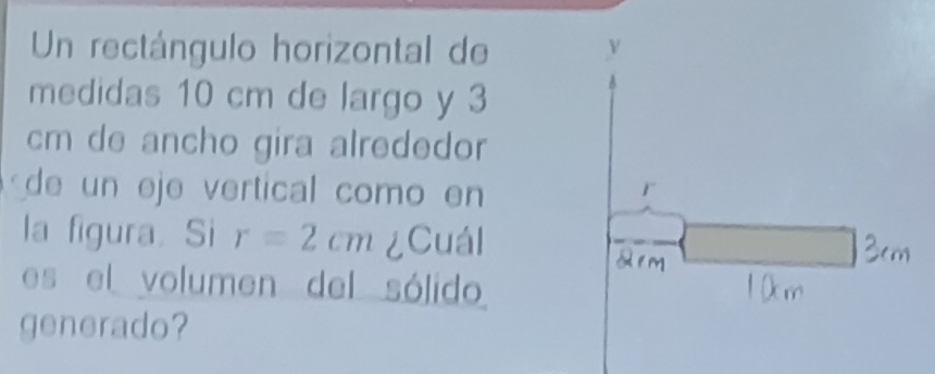 Un rectángulo horizontal de 
medidas 10 cm de largo y 3
cm de ancho gira alrededor 
de un eje vertical como en 
la figura. Si r=2cm ¿Cuál 
es el volumen del sólido 
generado?